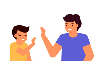 Happy young dad and son. Family informal communication, consent. High five. Father's day. Vector illustration on white background