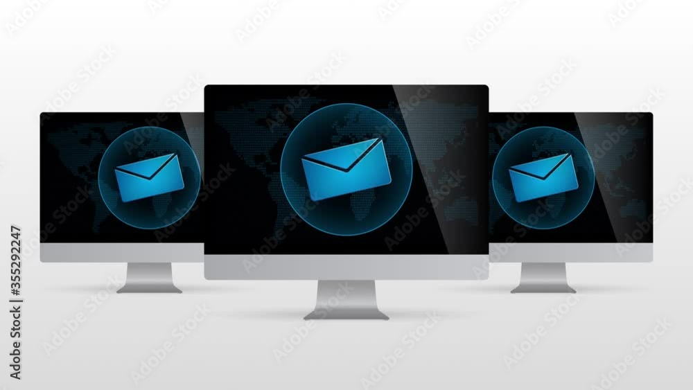 Poster digital world desktop device with email. realistic computer monitor with mail symbol in screen and l