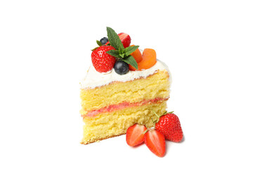 Piece of berry cream cake isolated on white background