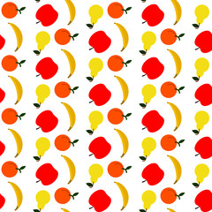 Vector flat illustration. Seamless pattern with apple, pear, banana, orange fruit isolated on white. Design for textile, fabric, postcard, wallpaper, wrapping, scrapbooking, packaging, kitchen, summer