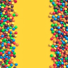 Obraz premium Double border of colorful coated chocolate candies on yellow background
