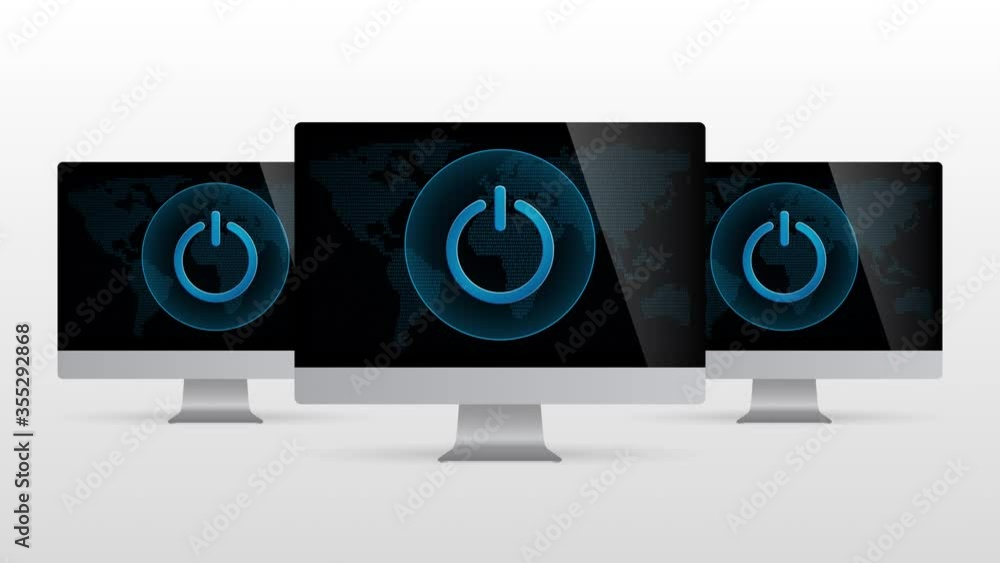 Poster digital world desktop device with power button. realistic computer monitor with power symbol in scre