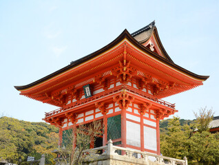 Side view of red architect Kiyomizu Temple in Kyoto of Japan
