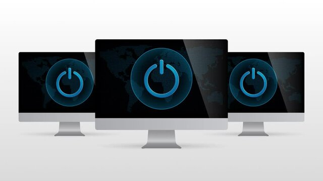 Digital world desktop device with power button. Realistic computer monitor with Power symbol in screen and light gradient background.