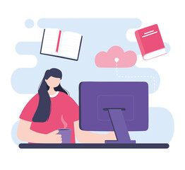 online training, girl with computer studying, courses knowledge development using internet