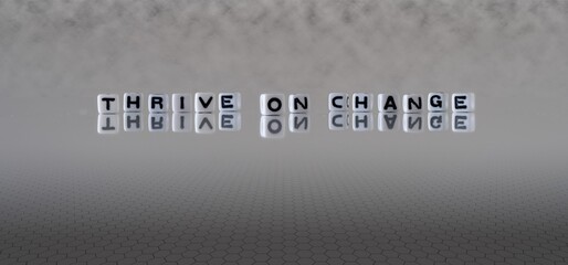 thrive on change concept represented by black and white letter cubes on a grey horizon background...