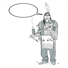 Indian chief smoking a pipe. Old Indian standing.