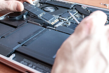 Motherboard service. Technology hardware repair and electronic computer maintenance from technician engineer man. Support pc equipment.