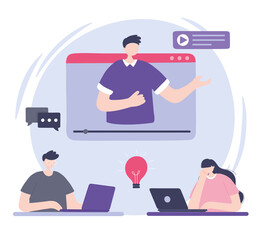 online training, man in video teaching people with laptop, courses knowledge development using internet