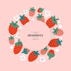 Strawberry template for packaging design with copy space for company logo, modern hand drawn illustration of fresh summer red berries, circle arrangement, round composition, good for tea or dessert