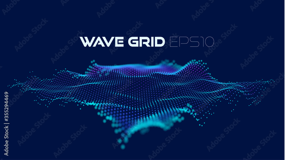 Poster digital art wave particles grid for design. dynamic wave flow. abstract 3d art background. cyber spa