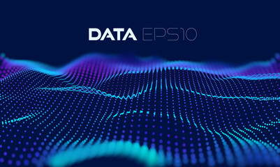3d wave particle grid. Abstract 3d grid design. Dark abstract background. Vector concept art. Liquid color abstract background design. Futuristic concept. Wavy wallpaper.