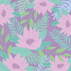 Fototapeta na wymiar background, tropical nature leaves with flowers of pastel color vector illustration design