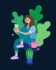 Adorable young girl takes care of houseplants. Cozy vector illustration of a happy woman enjoying her hobby