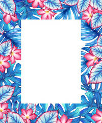 Watercolor tropical frame with blue leaves and pink flowers