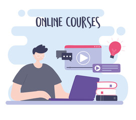 online training, boy using laptop video education, courses knowledge development internet