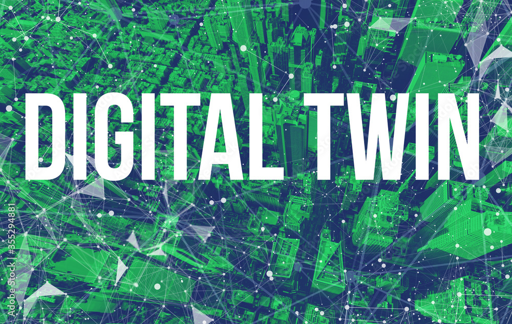 Poster digital twin theme with abstract network patterns and manhattan ny skyscrapers
