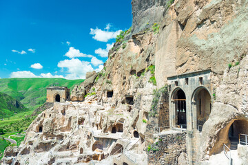 View of the ancient cave city of Vardzia, carved into the rock - a famous attraction of Georgia