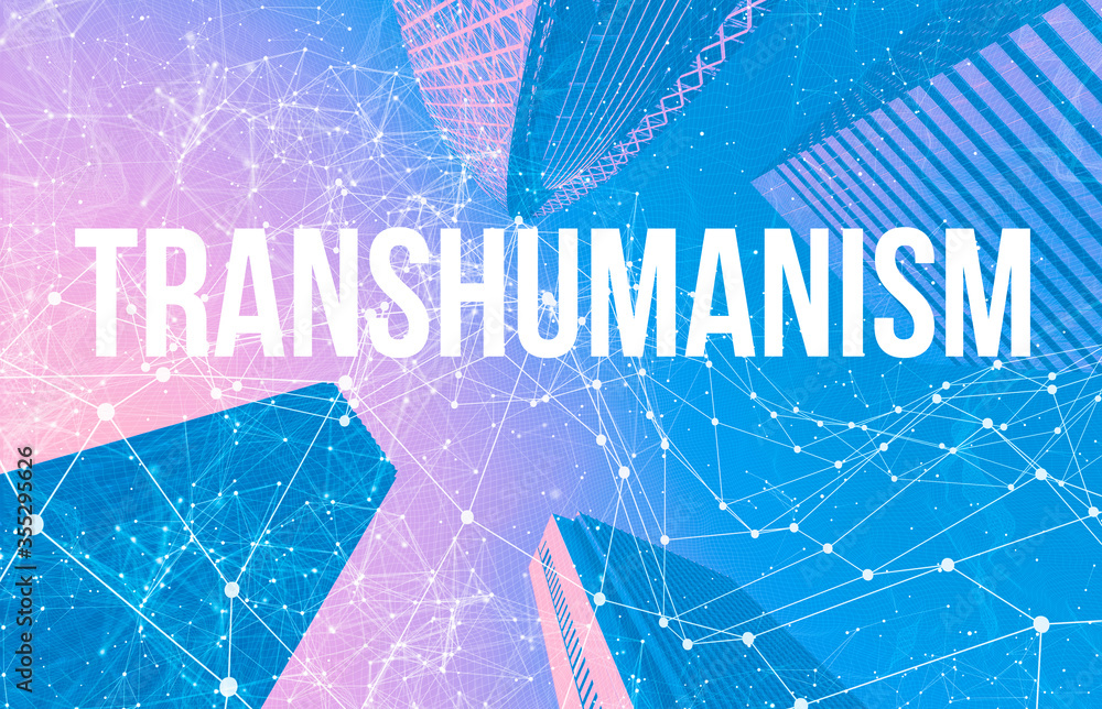 Poster transhumanism theme with abstract network patterns and skyscrapers