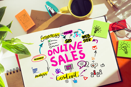 Lay out with digital colorful illustration about online sales