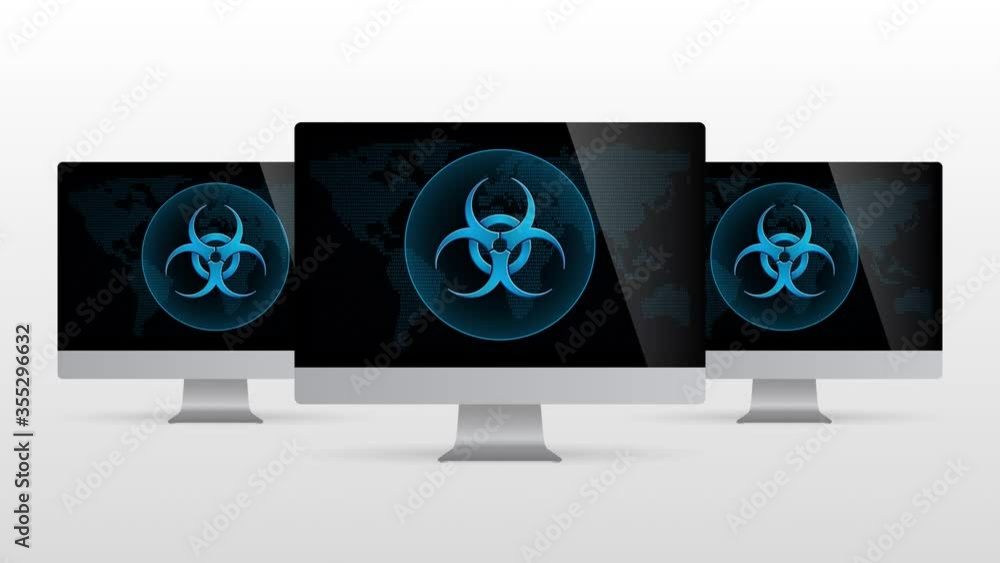 Poster digital world desktop device with virus attack. realistic computer monitor with virus symbol in scre