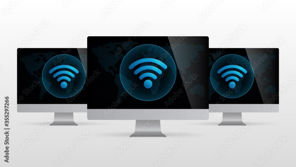 Poster digital world desktop device with wireless internet connection. realistic computer monitor with wifi