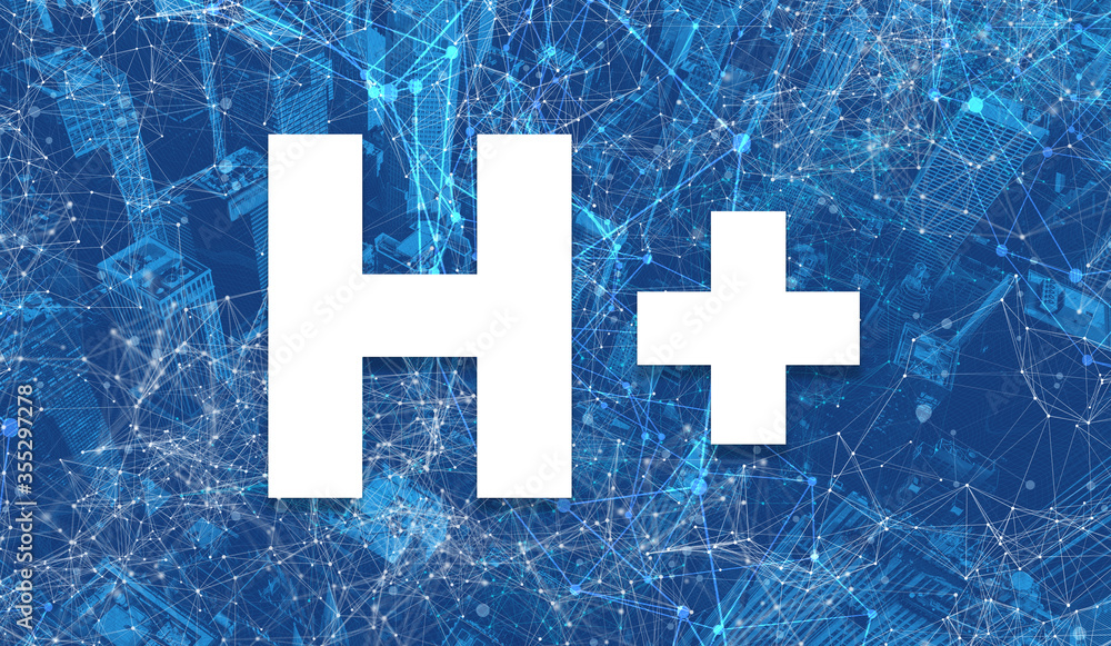 Poster humanity plus theme with abstract network patterns and skyscrapers