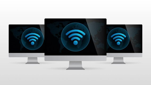 Digital world desktop device with wireless internet connection. Realistic computer monitor with Wifi symbol in screen and light gradient background.