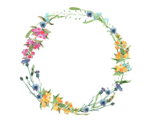 Frame with hand painted field flowers, flower wreath for summer  package design or any other branding