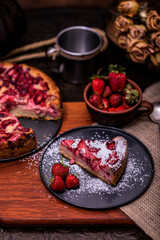 Organic homemade strawberry and rhubarb cake. Sweet food. Sweet dessert. Close up, selective focus.