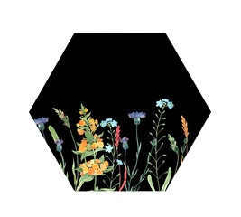 Frame with hand painted field flowers on black background (circle and polyhedron) for summer  package summer design or any other branding
