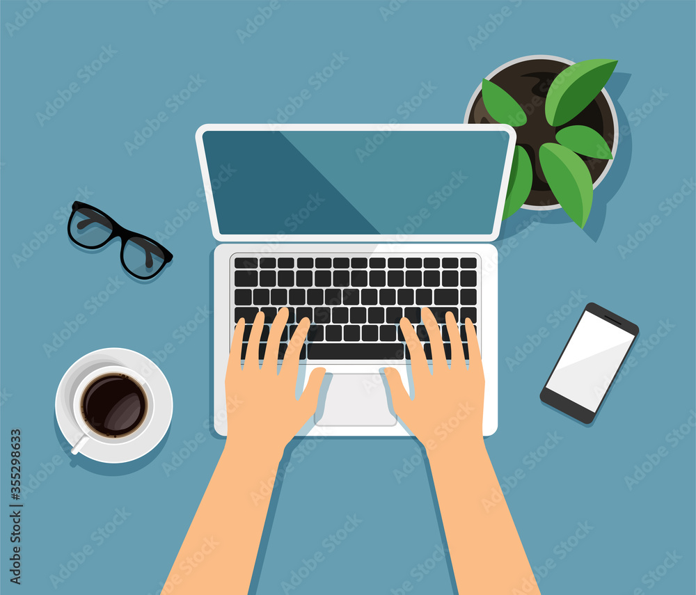Poster vector workspace top view. modern business work desk top in trendy style. hands are typing on a comp