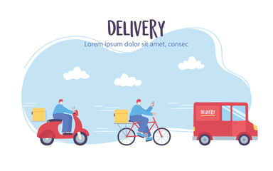online delivery service, man in scooter bike and truck, fast and free transport, order shipping