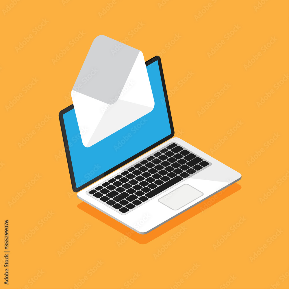 Poster isometric design of laptop with envelope and document on screen. getting or send new letter. e-mail,