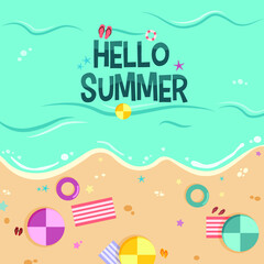 summer background with beach flat vector illustration. illustration of summer on the beach from above. hello summer on the beach flat vector illustration design.