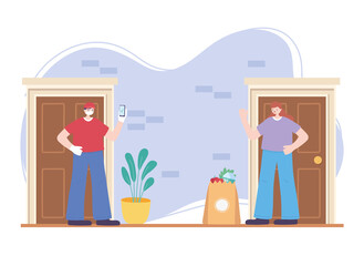 online delivery service, masked courier and smartphone market bag and woman in home, fast and free transport, coronavirus covid 19
