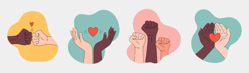 Black lives matter hand drawn poster, card collection. Hashtag blm stylised set. Black and white hands together concept. Campaign against racial discrimination of dark skin color. Vector Illustration. - 355300265