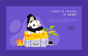 Concept Of Musings About Travelling. Website Landing Page. Sad, Perplexed and Upset Of Hopelessness Girl Sitting On Luggage And Find Ways Of Travel. Web Page Cartoon Flat Style. Vector Illustration