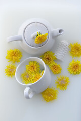 Obraz na płótnie Canvas White cup, teapot and yellow dandelion flowers on a white background
