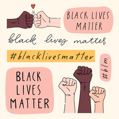 Black lives matter hand drawn poster, card collection. Hashtag blm stylised set. Black and white hands together concept. Campaign against racial discrimination of dark skin color. Vector Illustration. - 355300433