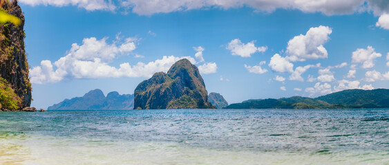 Panoramic wide view of Pinagbuyutan island, El Nido Palawan, Bacuit archipelago, Philippines