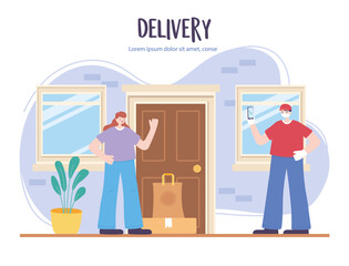online delivery service, man delivering a box to a customer and leaving the box at a safe distance, coronavirus covid 19