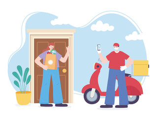 online delivery service, masked courier with smartphone and scooter, customer girl with grocery bag in home, coronavirus covid 19