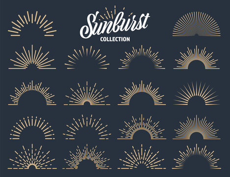 Vintage sunburst collection. Bursting sun rays. Fireworks. Logotype or lettering design element. Radial sunset beams. Vector illustration.