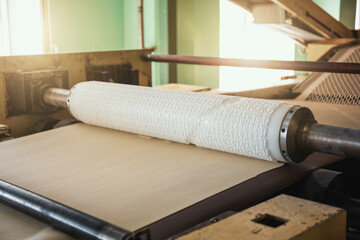 Bakery production line with sweet cookies on conveyor belt, confectionery factory workshop.