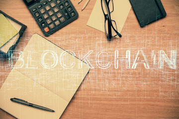 Multi exposure of crypto theme drawing and work table top veiw. Concept of blockchain technology in...