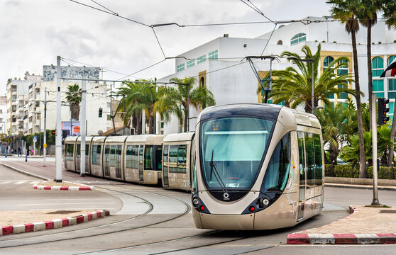 Rabat, Morocco - February 5, 2017: Modern French built tram in the centre of Rabat. The Rabat-Sale tramway system consists of 2 lines