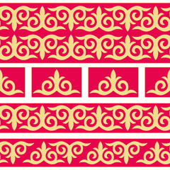 Set of 4 seamless border with motifs of Kazakh, Kyrgyz, Uzbek, national Asian decor for holiday cards, wedding invitations, web page, banner, flyer, textile and print design. Vector illustration.