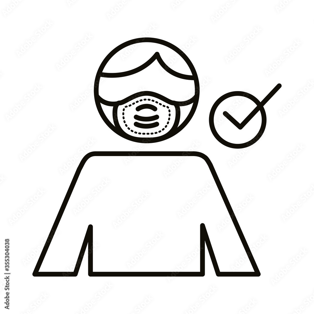 Poster man using face mask line style icon