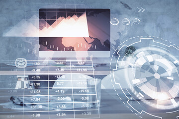 Multi exposure of financial graph drawing and office interior background. Concept of market analysis.